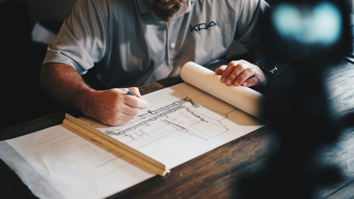 Drawings and notes spread across a project table